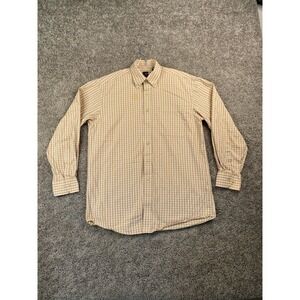 T Harris Button Up Shirt Adult Large Brown White Cotton Long Sleeve Casual Mens